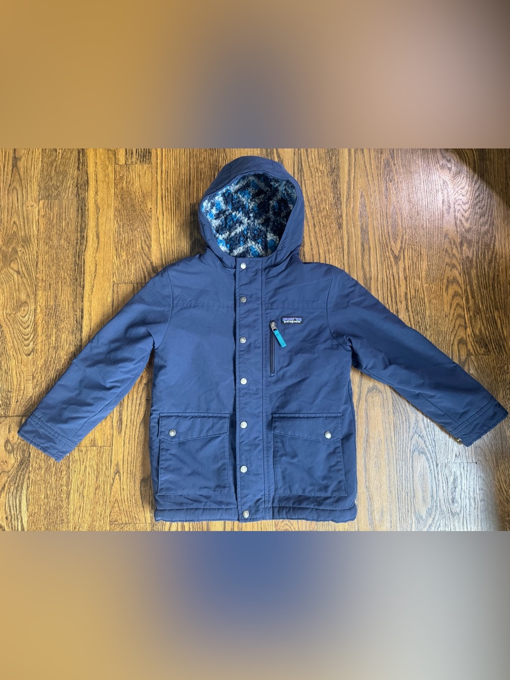 Patagonia 7-8 Years Kids Navy Infurno Fall & Winter Coat Patterned Sherpa Lining